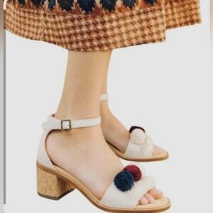 Soludos Cream and Blue Sandals with Pom Pom Accents